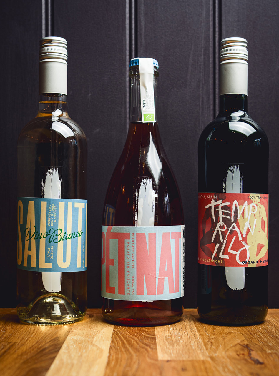 Three bottles of natural wine